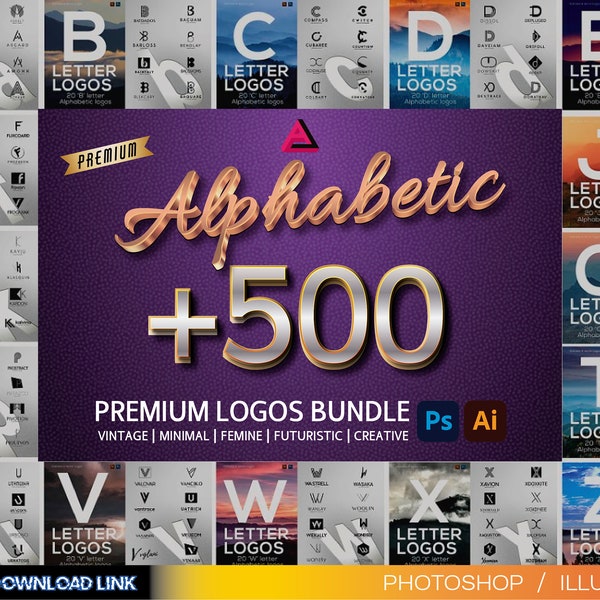 More than 500 Logos Alphabetic Letters from A to Z in vectors, PNG and PSD, 20 logos for each letter