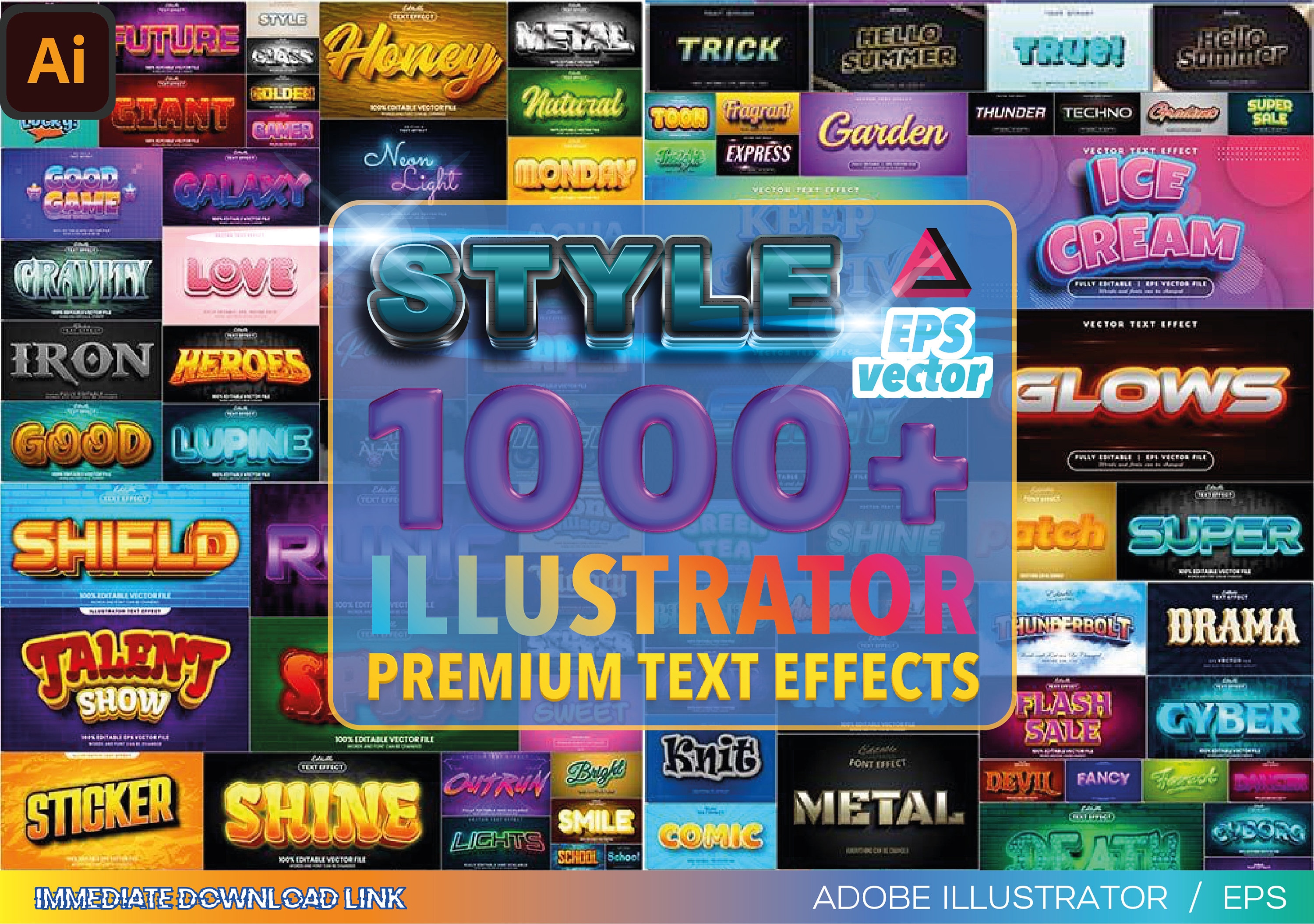 1000+ Premium Illustrator-teksten en stijleffecten, bewerkbaar, werkt met elk lettertype of vorm, 3D-ontwerpen of verbeterd, gevectoriseerd in EPS