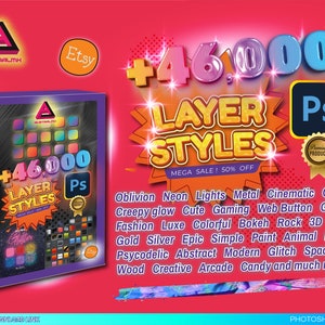 46.000 Ebenenstile, visuelle Effekte für Texte, Schaltflächen oder Grafiken für Adobe Photoshop Mega Pack