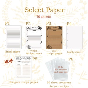 May include: A set of paper refills for a recipe binder. The set includes 70 sheets of lined paper, white recipe pages, craft recipe pages, blank white pages, and designer recipe pages. The set also includes 50 sheet protectors. The text "Select Paper 70 sheets" is at the top of the image.
