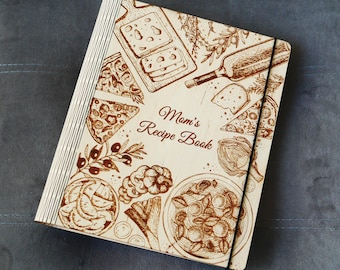 Livro de receitas de madeira personalizado, fichário gravado à mão, presente para o Dia das Mães