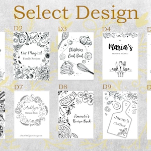May include: Ten different black and white designs for recipe book covers. Each design features a different illustration of food, kitchen utensils, or other related imagery. The designs are labeled D1 through D10.