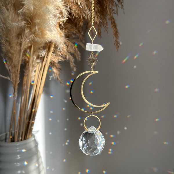 Crescent moon suncatcher with clear quartz and crystal prism | sun and moon light catcher | rainbow maker | boho celestial window hanging