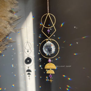 ESTELLA celestial suncatcher + amethyst crystal beads | light catcher | rainbow maker | window hanging | moon & stars | geometric décor