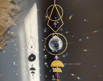 ESTELLA celestial suncatcher + amethyst crystal beads | light catcher | rainbow maker | window hanging | moon & stars | geometric décor