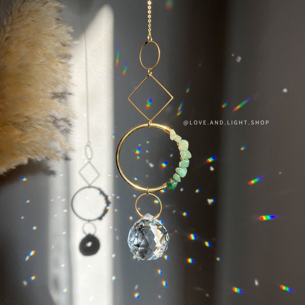 Suncatcher with aventurine gemstones | light catcher | rainbow maker | gift of good luck | geometric window hanging
