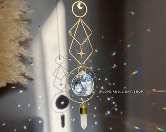ATRIA celestial suncatcher + clear quartz crystal pendant | light catcher | rainbow maker | window hanging | moon & stars | geometric décor