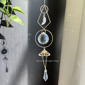 Labradorite moon and moth suncatcher, minimalist decor, geometric witchy décor, light catcher, rainbow maker, window hanging