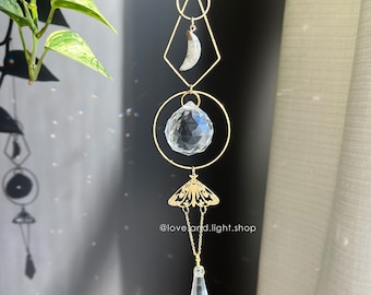 Labradorite moon and moth suncatcher, minimalist decor, geometric witchy décor, light catcher, rainbow maker, window hanging