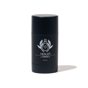 May include: A black deodorant stick with a white logo that says "HEALER by CORSICA" and "50 ml".