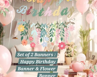 Pastel Floral Birthday Banner Set of 2,  Happy Birthday Flower Garland, Garden Party Decor