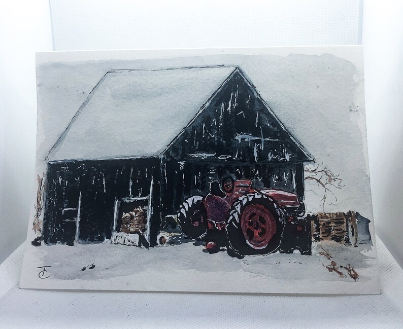 Hand Painted Original Water Color Barn scene with Tractor Water Colour Blank Card