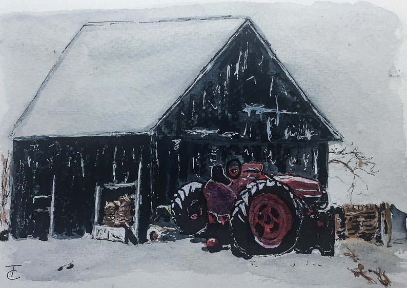 Hand Painted Original Water Color Barn scene with Tractor Water Colour Blank Card
