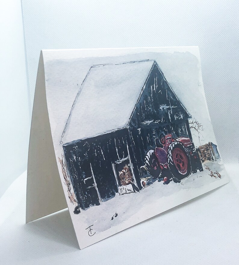 Hand Painted Original Water Color Barn scene with Tractor Water Colour Blank Card