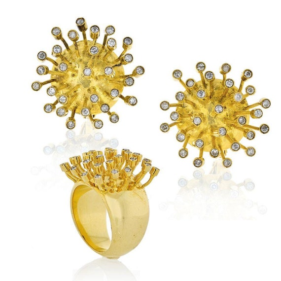 1970's 18K Yellow Gold Matching Earring & Ring Sta