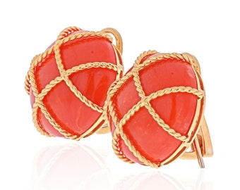 18K Yellow Gold Caged Coral Clip On Earrings