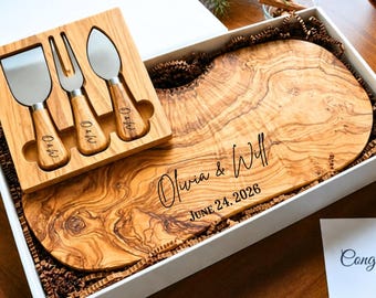 Olive Wood Personalized Cutting Board, Rustic Cheese Board, Live Edge Board, Charcuterie Board, Wedding, Newlywed Gifts, Housewarming Gift