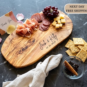 Olive Wood Personalized Cutting Board, Rustic Cheese Board, Live Edge Board, Charcuterie Board, Wedding Gift For Newlywed, Housewarming Gift