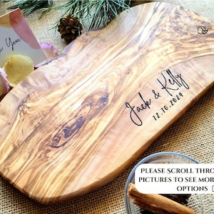 Olive Wood Personalized Cutting Board, Rustic Cheese Board, Live Edge Board, Charcuterie Board, Wedding Gift For Newlywed, Housewarming Gift