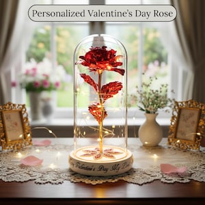 Personalized Galaxy Rose in Glass Dome – Custom Engraved Forever Rose Gift for Her – LED Romantic Valentine Anniversary Wedding Gift