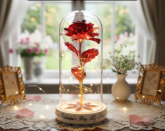 Personalized Galaxy Rose in Glass Dome – Custom Engraved Forever Rose Gift for Her – LED Romantic Valentine Anniversary Wedding Gift