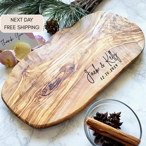 Olive Wood Personalized Cutting Board, Rustic Cheese Board, Live Edge Board, Charcuterie Board, Wedding, Newlywed Gifts, Housewarming Gift