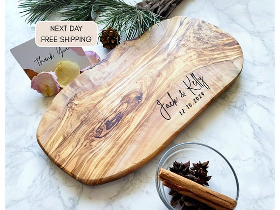 Olive Wood Personalized Cutting Board, Rustic Cheese Board, Live Edge Board, Charcuterie Board, Wedding, Newlywed Gifts, Housewarming Gift