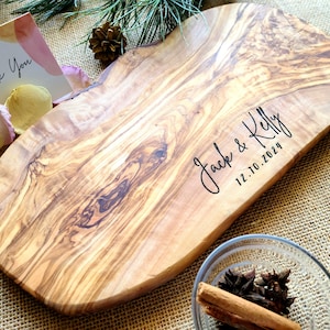 Olive Wood Personalized Cutting Board, Rustic Cheese Board, Live Edge Board, Charcuterie Board, Wedding Gift For Newlywed, Housewarming Gift