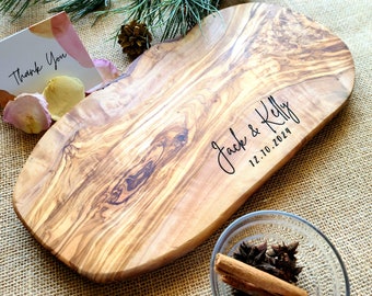 Olive Wood Personalized Cutting Board, Rustic Cheese Board, Live Edge Board, Charcuterie Board, Wedding Gift For Newlywed, Housewarming Gift