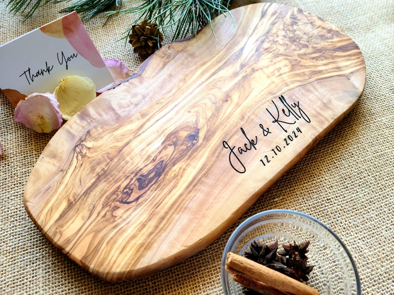Olive Wood Personalized Cutting Board, Rustic Cheese Board, Live Edge Board, Charcuterie Board, Wedding Gift For Newlywed, Housewarming Gift