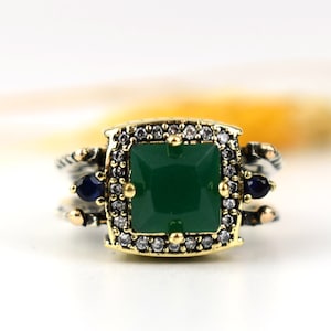 Reversible Ring! Extraordinary Ring, Turkish Design Cut sapphire emerald Jade White Shiny Topaz Two in a One Ring Silver Band Women 2 in 1