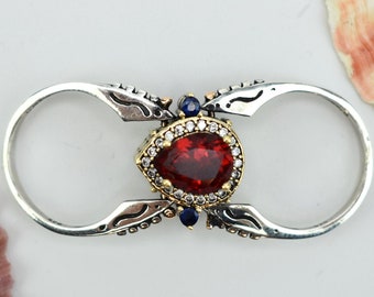 Buitengewone Ring, Omkeerbare Ring, Turks Design peer Shape Ruby &Sapphire en Twee in een One Ring 925 Sterling Silver Band Dames