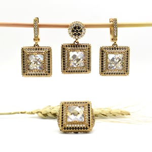 Hurrem Design! jad White Zircon Set,Earring&Necklace and ring Jewelry Set  Topaz 925 Sterling Silver ottoman jewelry turkish hanmed jewelry