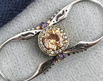 Außergewöhnlicher Ring, Wendbarer Ring, Zwei in einem Ring, Rundschliff Champagner & Amethyst 925Sterling Silber Band Damen, Orange,