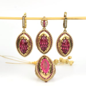 handmade Ruby earring, Ruby Ring, Turkish Handmade Jewelry, 925 Sterling Silver Necklace, Ottoman jewelry,