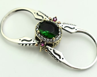 Extraordinary Ring / Reversible Ring/ Turkish Design Oval Cut Emerald & ruby and Two in a One Ring 925 Sterling Silver Band Women