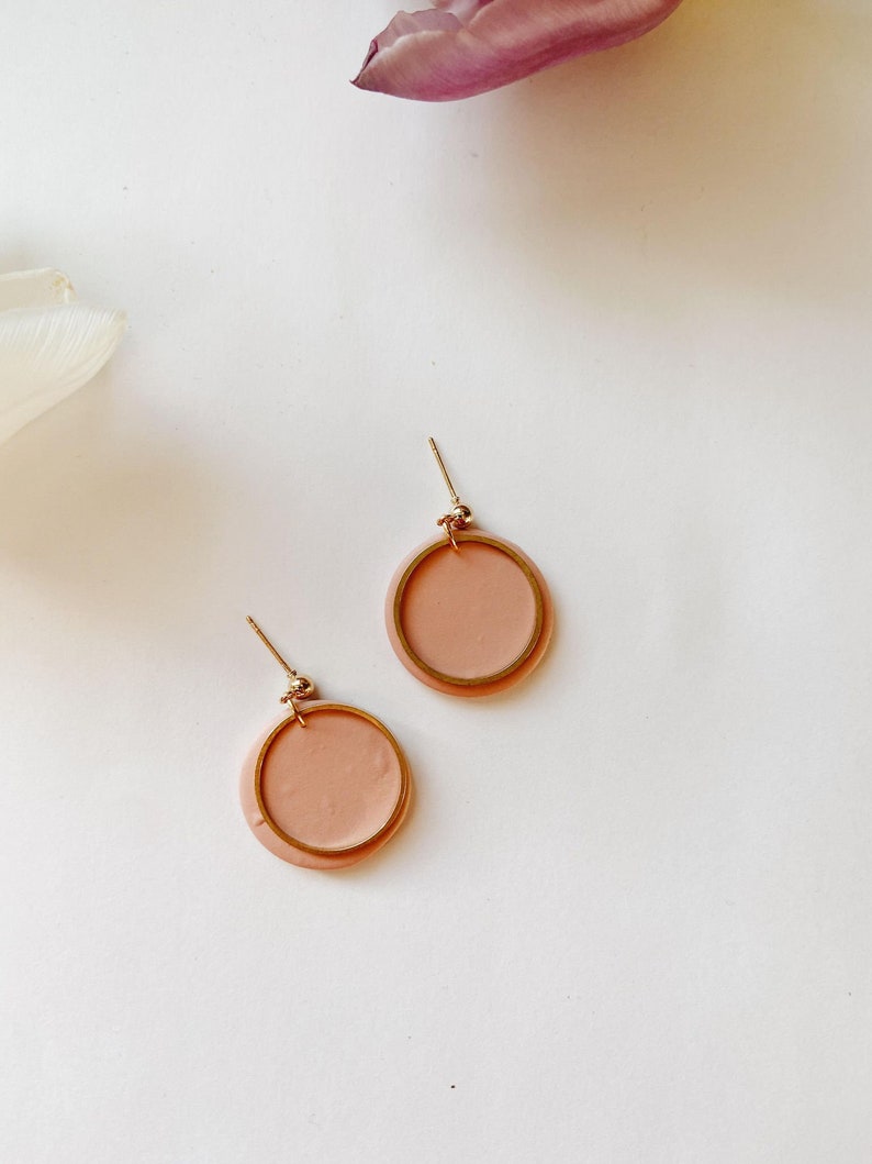 Taylor in Blush and Brass, Handmade Earrings, Clay Earrings, Brass and Clay Earrings, Spring Earrings, Pink Earrings, Pink Circle Earrings image 4