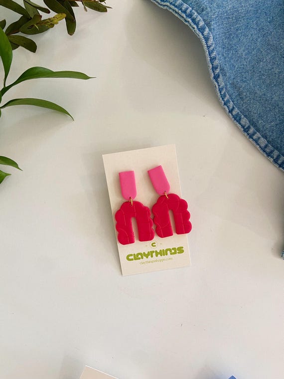 Pink and Red Squiggle Arch, Polymer Clay Earrings, Arch Earrings