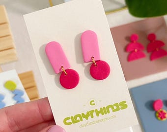 Bright Pink Polymer Clay Earrings: Gold Plated, Hypoallergenic