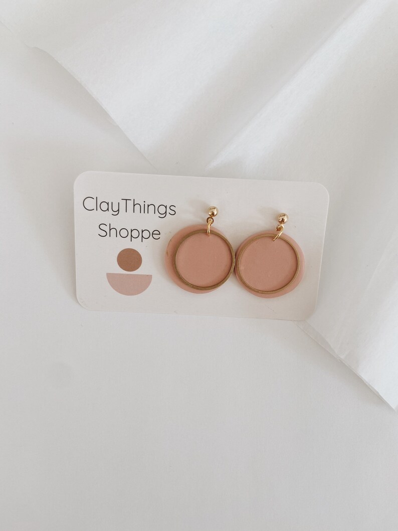 Taylor in Blush and Brass, Handmade Earrings, Clay Earrings, Brass and Clay Earrings, Spring Earrings, Pink Earrings, Pink Circle Earrings image 1