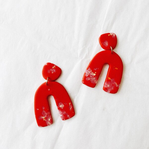 Kaye Arch in Cherry Glitter, Handmade Jewelry, Clay Earrings, Polymer Clay Earrings, Valentines Day Earrings, Statement Earrings