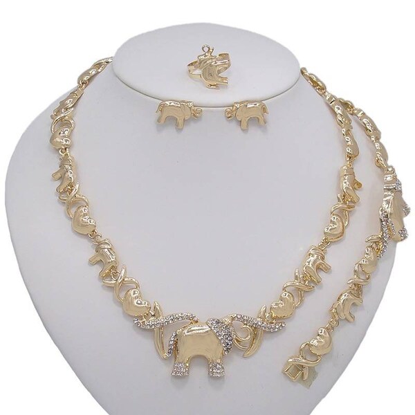 Hugs & Kisses Elephants Jewelry Set – Gold Filled Necklace, Bracelet, Earrings & Ring (Size 8) With CZ Accents