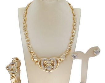 HUGS &KISSES Teddy bear Set Necklace Bracelet Earrings Ring Gold Filled