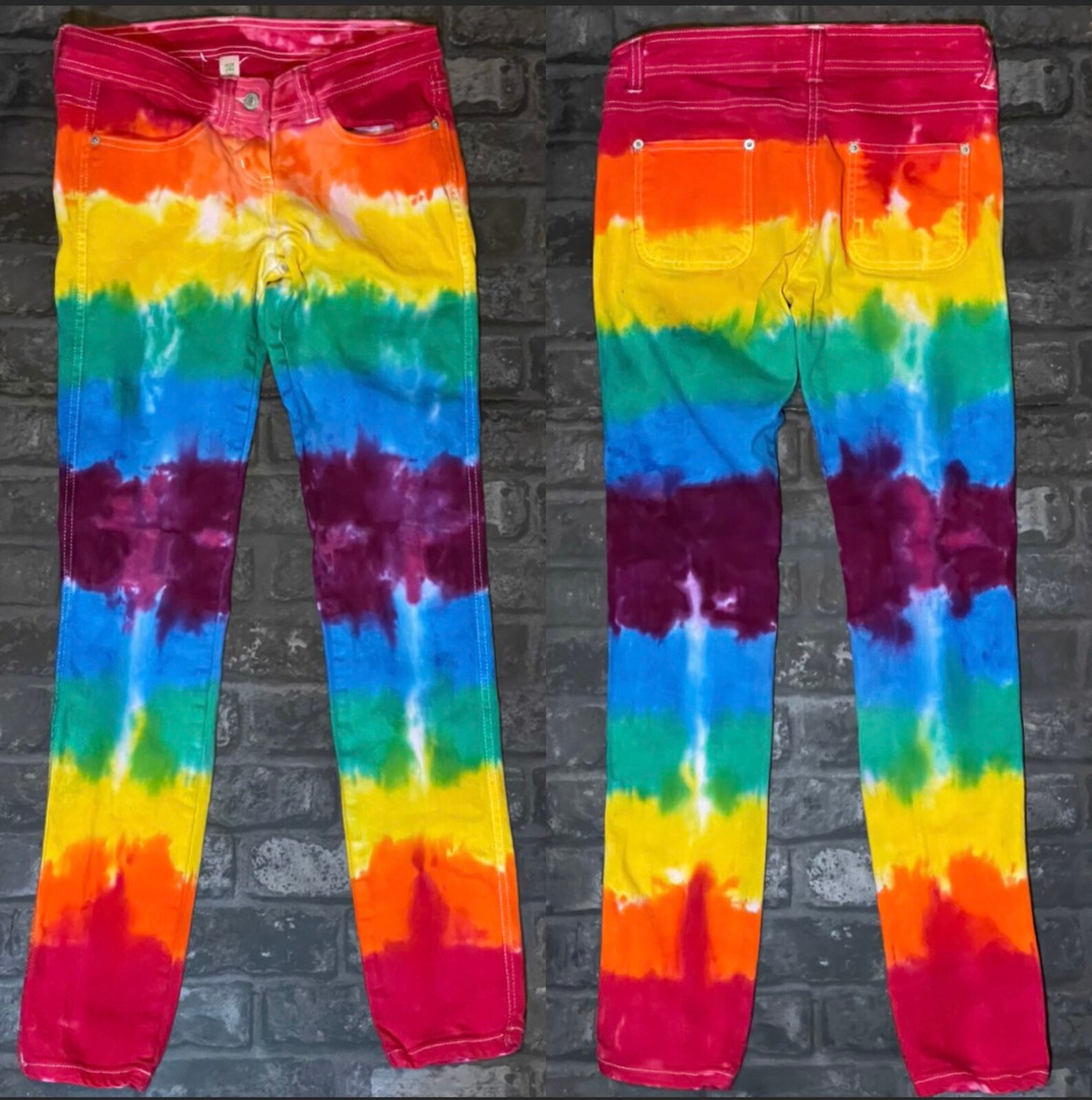 Ladies rainbow tie dye repurposed jeans UK Size 8 | Etsy