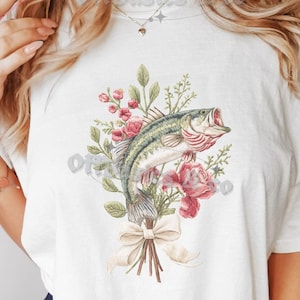 Floral Bass Fishing PNG, Faux broderie Patchwork Sublimation Design (Téléchargement numérique)