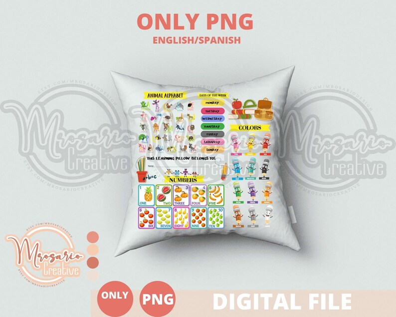 Learning Pillow Girls Boys PNG Spanish English Kids the Etsy