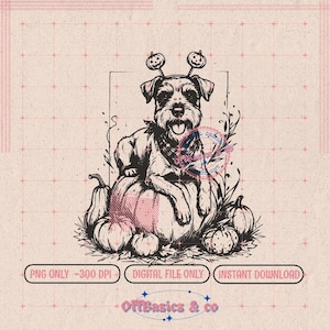 Puede incluir: Una ilustración de arte lineal en blanco y negro de un perro con una diadema con dos calabazas pequeñas, sentado sobre una calabaza grande rodeada de otras más pequeñas. El texto incluye PNG ONLY - 300 DPI, DIGITAL FILE ONLY, INSTANT DOWNLOAD, OffBasics & co.