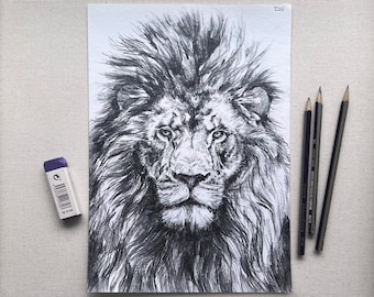 Croquis au crayon de lion avec crinière oeuvre d'art authentique originale faite main