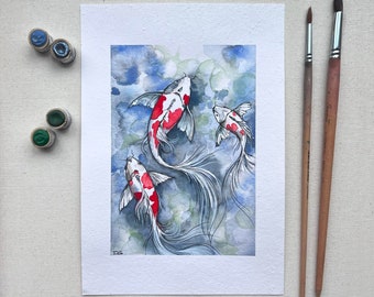 Peinture à l'aquarelle de poissons koi dans un étang, oeuvre d'art originale faite main