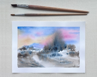 Watercolor Original Painting Snowy Winter Handmade Art